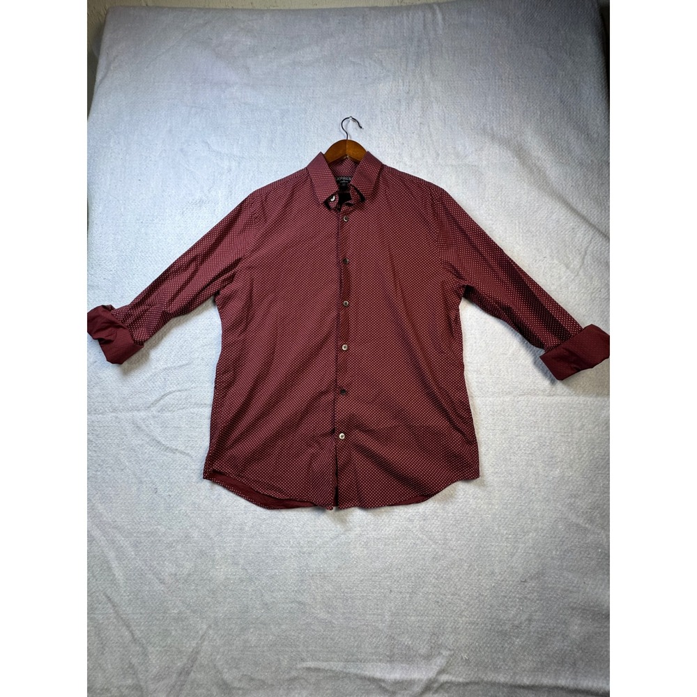 Express Modern Fit Mens Large Burgundy Polka Dot Long Sleeve Button Down Shirt